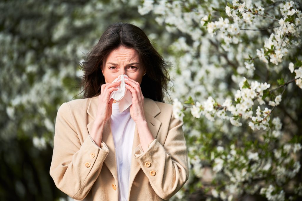 Woman allergic suffering from seasonal allergy at spring in blossoming garden at springtime. Young woman sneezing and blowing nose with nasal handkerchief in front of blooming tree. Allergy concept.